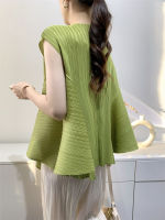 Womens Irregular Sleeveless Loose Casual Pleated T-shirt