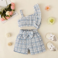 【Forever CY Baby】Kid Girl Pants Suit, Sleeveless Off Shoulder Neck Plaid Print Vest Tops Summer Spring Bow Shorts