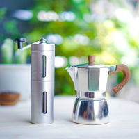 (สีเงินด้ามไม้) ชุดหม้อต้มกาแฟสด มอคค่าพอท moka pot + เครื่องบดเมล็ดกาแฟ มือหมุน