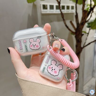 เคสหูฟังบลูทูธ ซิลิโคนนิ่ม แบบใส ลายกระต่ายสีชมพู พร้อมสายคล้อง สําหรับ Airpods 1 2 3 2nd Generation EJ BQ2442