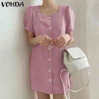 ✒ VONDA Women Korean Square Neck Short Sleeve Solid Color Button Up Mini Dress