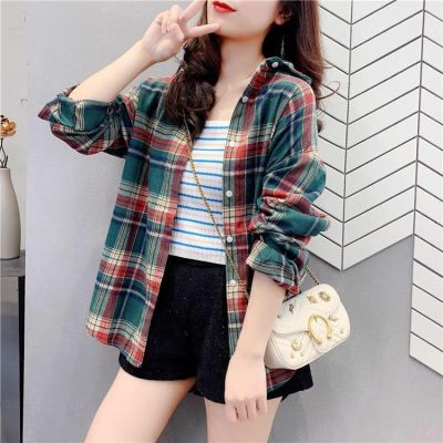 [Spot] large plaid brushed casual loose jacket shirt spring and autumn clothes tops all-matching shirt cardigan for women 2023