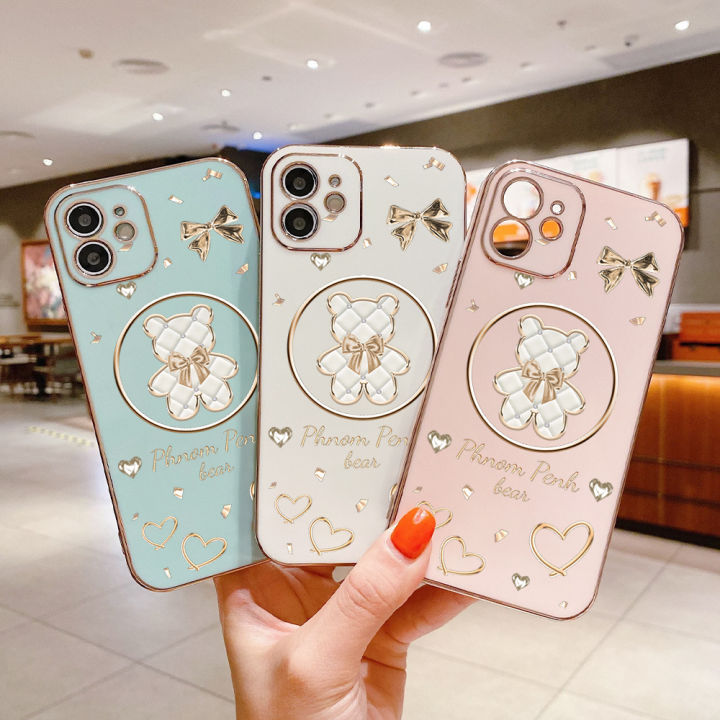 ggk-เคสสำหรับ-honor-90-5g-90-lite-5g-ฟรีสายคล้องการ์ตูนหมีส่องแสงลวดลายขอบสี่เหลี่ยมเคสโทรศัพท์ชุบหรูหราเคสโทรศัพท์นิ่ม