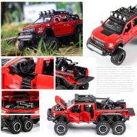 ยานยนต์หล่อของเล่น 1:24 โมเดลรถใช้งานร่วมกับฟอร์ด F150 Raptor ดัดแปลง 6X6 รถกระบะออฟโรดจำลองรถโมเดลของเล่นรถหล่อ 6 ประตูพร้อมรถจักรยานยนต์