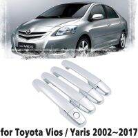 ฝาครอบป้องกันขอบฝาครอบมือจับประตูโครเมี่ยมสุดหรูสำหรับโตโยต้า Vios Yaris XP40 XP90 XP150 Belta 2002 ~ สติกเกอร์อุปกรณ์เสริม2017Car