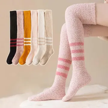 Women Japanese Style Kawaii Leg Warmers Wool Ball Knit Long Leg Warmers  Loose High Socks,Camel Stripe 