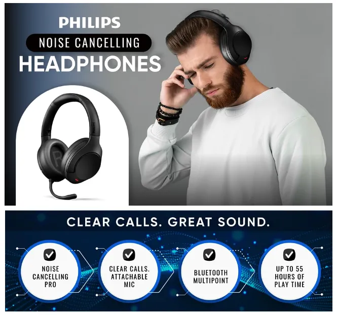 Philips Wireless Headphones Noise Cancelling, Stereo Over Ear