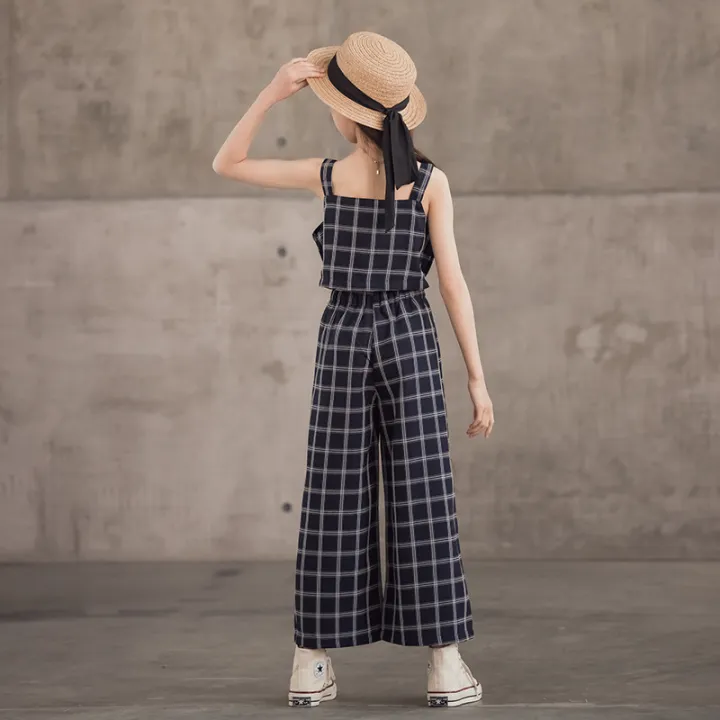 4-to-16-years-big-girls-overalls-casual-korean-elastic-waist-plaid-jumpsuit-for-girls-kids-fashion-loose-children-pants-jumpsuit