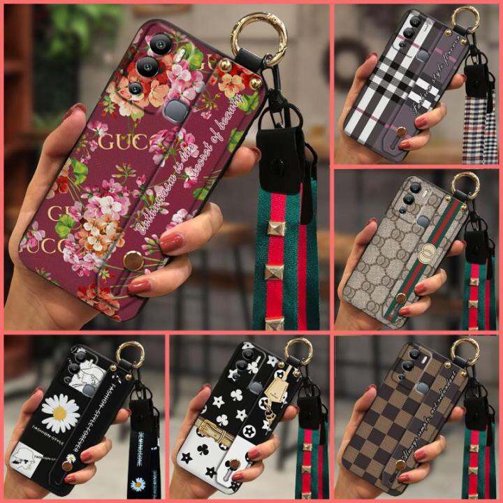 wrist-strap-waterproof-phone-case-for-infinix-hot12i-x665-new-arrival-anti-knock-plaid-texture-small-daisies-soft-tpu