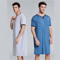 New Men Sleep Robes Pajamas Short Sleeve Solid Pajamas Pockets Cozy Cotton Vintage Homewear Nightgown Mens Bathrobes Men Clothes