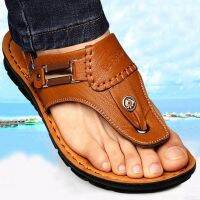 Stok Sedia men sandals Sandal lelaki kulit lembu musim panas edisi han baru gelincir cubitan bahagian bawah lembut satu perkataan menangguhkan kasut pantai amfibia/ Ready ?Men sandals leather cowhide new edition hiking m