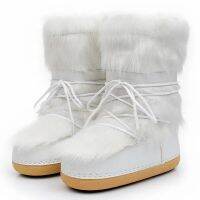 2022 Winter Snow Boots Women Ski Boots Fluffy Hairy Lace Up Middle Calf Platform Flat With White Ski Boots