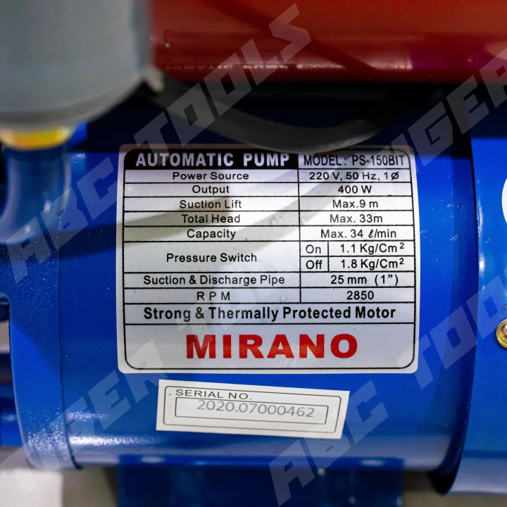 ปั๊มน้ำอัตโนมัติ-ปั๊มออโต้-mirano-ขนาด1นิ้ว-400w-ใบพัดทองเหลือง-รับประกัน-1-ปีเต็ม-เทคโนโลยี-japan