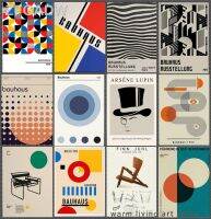 ✑โปสเตอร์นิทรรศการโบราณ Bauhaus การออกแบบที่ทันสมัยภาพวาดผ้าใบพิมพ์ลายสีดำและสีขาวตกแต่งผนังเรียบง่าย