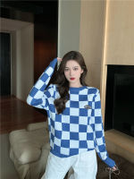 พร้อมส่ง?? เสื้อสเวตเตอร์ แขนยาว ลายตาราง สีน้ำเงิน เสื้อผ้านำเข้า สไตล์เกาหลี #A014