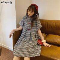 Plaid Dresses Women Chinese Style Button Draped Retro Leisure Popular Trendy Cute Girls Sweet College Students Vestido Feminino