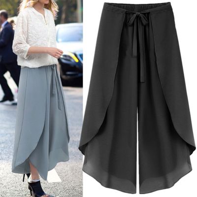 2023Spring And Summer New Korean Style Tied Chiffon Trousers Womens Large Size Elastic Waist Loose Casual Culotte