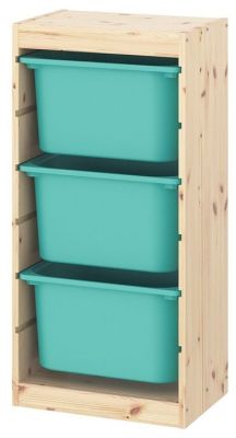 TROFAST Storage combination with boxes, light white stained pine/turquoise, 44x30x91 cm (ทรูฟัสท์ กล่องลิ้นชักเก็บของ, ไม้สนย้อมสีขาว/สีเทอร์ควอยซ์, 44x30x91 ซม.)