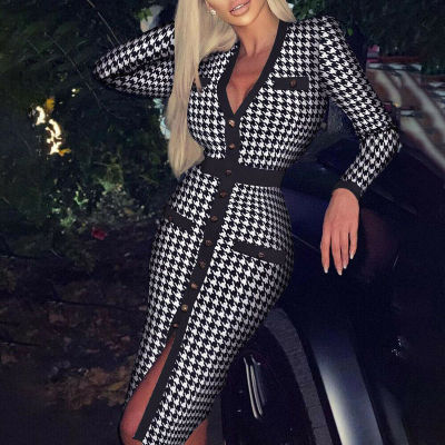 Women Houndstooth Print Split Dress Sexy Deep V-neck Button Party Dresses Spring Autumn Long Sleeve Bodycon Office Lady Dresses