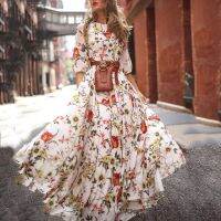 ZZOOI Women Long Maxi Dresses Bohemia O-neck Three Quarter Sleeve Floral Print Ethnic Summer Beach Female Stylish Style Dress#3