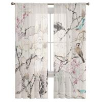 【CW】 Ink Painting Chinese Wind Sparrow Tulle Curtains for Bedroom Room Voile Drapes