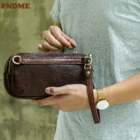 PNDME retro natural genuine leather men multi-function clutch business simple real cowhide multi-zipper compartment shoulder bag