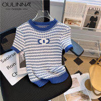 OULINNA เสื้อถักแขนสั้นลายทางกลิ่นหอมเล็กๆสำหรับผู้หญิง,เข้ารูปพอดีผ้าแจ็คการ์ดสีตัดกันสำหรับฤดูร้อน2023แฟชั่นเสื้อเอวลอย