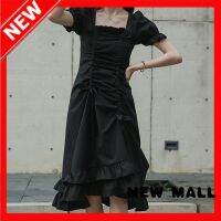 NEW MALL Pleated Drawstring Square Neck Puff Sleeve Dress Ruffled Niche Design Slim Dress