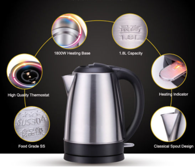 FLOWERBLOOSOM Scarlett Stainless Steel Automatic Fast Boil Electric Kettle 1500W 2.0L Electric