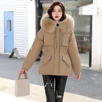 Women Drawstring Jackets Winter Hooded Plus Velvet Outwear Office Coats Solid Short Outercoat with Soft Dense -Collar down jacket female winter 2022 Olive down Coat Women