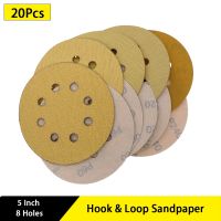 20Pcs 5 Inch 8 Holes Sanding Disc Aluminium Oxide 60 to 1000 Grits Hook Loop Gold Sandpaper for Metal Automotive