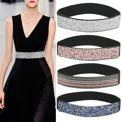 Bling rhinestone inlaid diamond full diamond elastic wide belt flash diamond female versatile waistband fashionable elastic belt new  FO4T