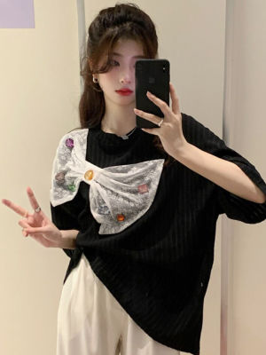 Korejepo วินเทจโบว์เสื้อยืดผู้หญิงเสื้อแขนสั้นฤดูร้อน2022ใหม่หวานเก๋ลำลองหลวมสีดำอายุลดเสื้อผ้าเสื้อ