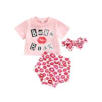 Infant Girls Valentines Day Outfits Letter Print Round Neck Short Sleeve T-Shirts Tops + Lips Print Shorts + Headband 3Pcs Set  by Hs2023