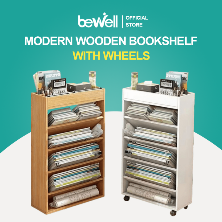 Bewell Wooden Bookshelf File Storage Organizer with Wheels Desk Shelf