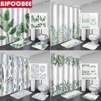 【CW】✜  Shower Curtain Leaves Printed for Anti-Slip Sets Toilet Cover