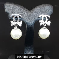 INSPIRE JEWELRY ต่างหูเพชรสวิส งานอินเทรน ห้อยตุุ้งติ้ง ประดับมุก งานจิวเวลลี่ฝังหนามเตย ขนาด 1x1.2cm.น่ารักมาก งานแบบร้านทองร้านเพชร