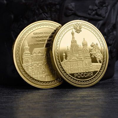 Gold Plated Russian Coins Badge St. Petersburg Red Square Commemorative Coins Knight Statue Church Coin Ornament