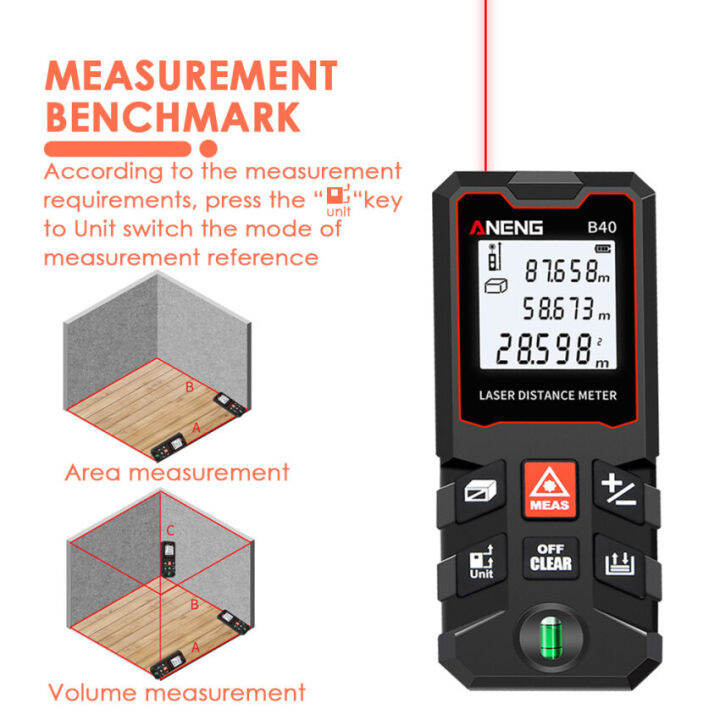 เครื่องวัดเมตรเลเซอร์วัด40เมตร60เมตร80เมตร100เมตรพร้อมฟอง1ระดับจอแสดงผล-lcd-backlight-เครื่องมือวัดแบบดิจิตอลที่จับแบบพกพาเก็บข้อมูล90ข้อมูล