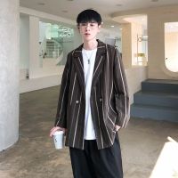 ZZOOI Korean Menswear Fashion Vintage Striped Blazers 2022 New Loose Notched Double Breasted Long Sleeve Oversized Suit Jacket
