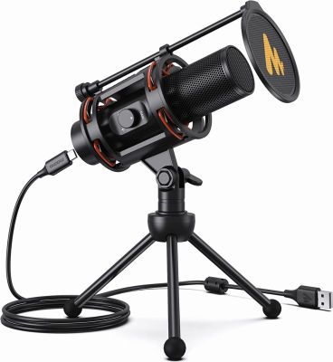 MAONO Computer Microphone for PC, All in One USB Mic 192kHz/24bit with Metal Pop Filter, Tripod, Gain Knob &amp; 0-Latency Monitoring for Zoom Meeting, Podcasting, Streaming, YouTube, Voice Over, Gaming