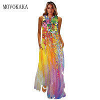 MOVOKAKA Spring Summer Print Long Dress Women Beach Holiday Casual Fashion Elegant Dresses Party Sleeveless V Neck Maxi Dresses