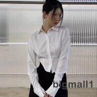 【On Clearance】BIGMALL-Women Spring Short Blouse, Long Sleeve Lapel Button-Down Irregular Fall Slim Plain Navel Shirt