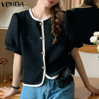 ร่องกระดุมเสื้อแขนพัฟสั้นเสื้อสตรีคอกลม VONDA (ลำลองเกาหลี)