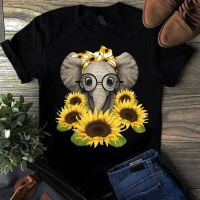 Elephant Sunflower Print Tshirt Women Casual Short Sleeve O Neck Tee Tops for Female Cartoon Cute T-shirts Femme Clothings  JGBW