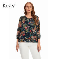 KESTY Womens Plus Size T-Shirt Spring Polyester 34 Sleeve Printed Button T-Shirt Round Neck Elastic Loose Ruffle Sleeve Top