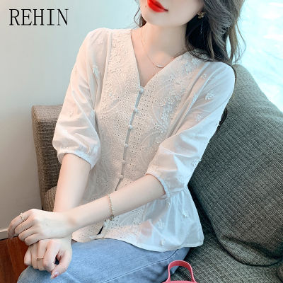 REHIN เสื้อผู้หญิงคอวีปักแผงลูกไม้ผ้าชีฟองหรูหรา,เสื้อเสื้อผู้หญิงแขนสั้นแฟชั่นใหม่ฤดูร้อน