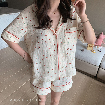 2021QWEEK Cotton Suits with Shorts Girl Korean Womens Pajamas Kawaii Pyjama Cherry Print Pijama Short Sleeve Sleepwear Nightie Pjs