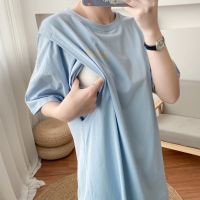 ☸♟✟ Maternidade comprimento médio enfermagem impressão manga curta t-shirt roupas de maternidade Top gravidez mulheres amamentação