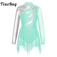 Kids Girls Long Sleeve Rhinestone Figure Skating Dress Ballet Gymnastics Leotard Stage Performance Ballroom Competition Costume